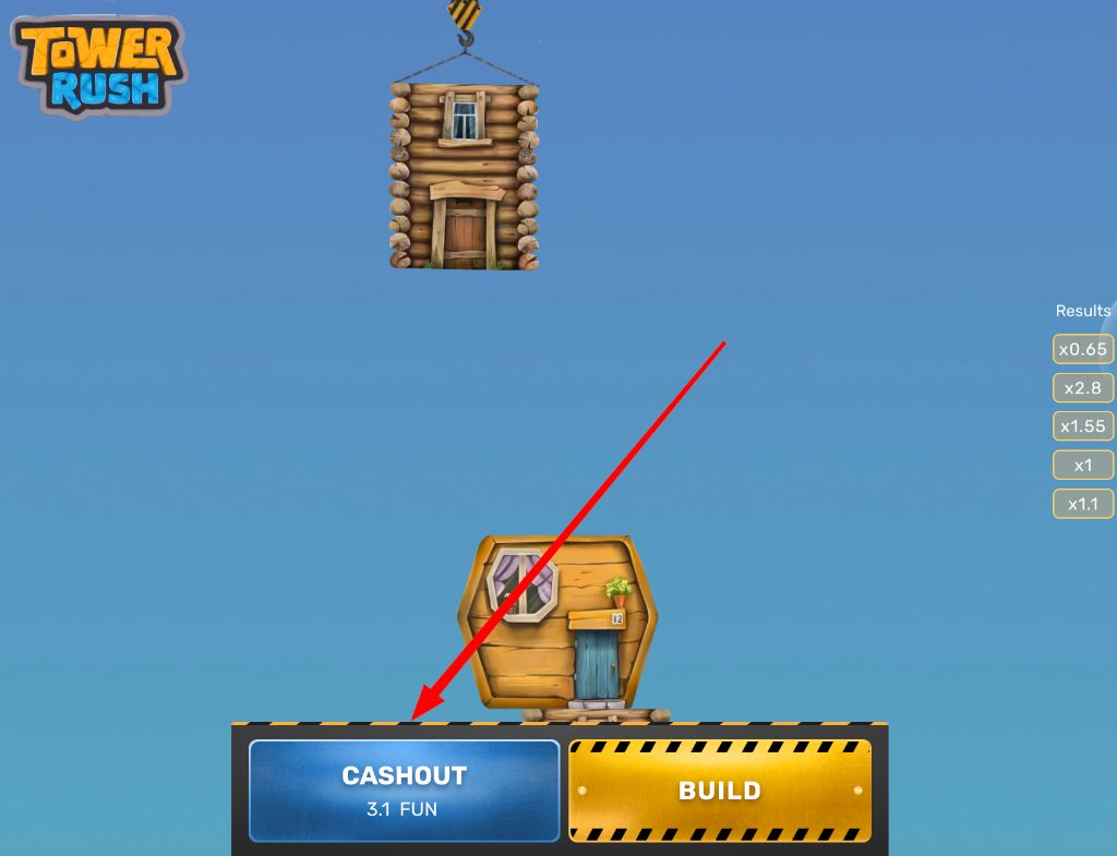Кнопка Cashout в Tower Rush фиксирует выигрыш 3.1 FUN до падения этажа