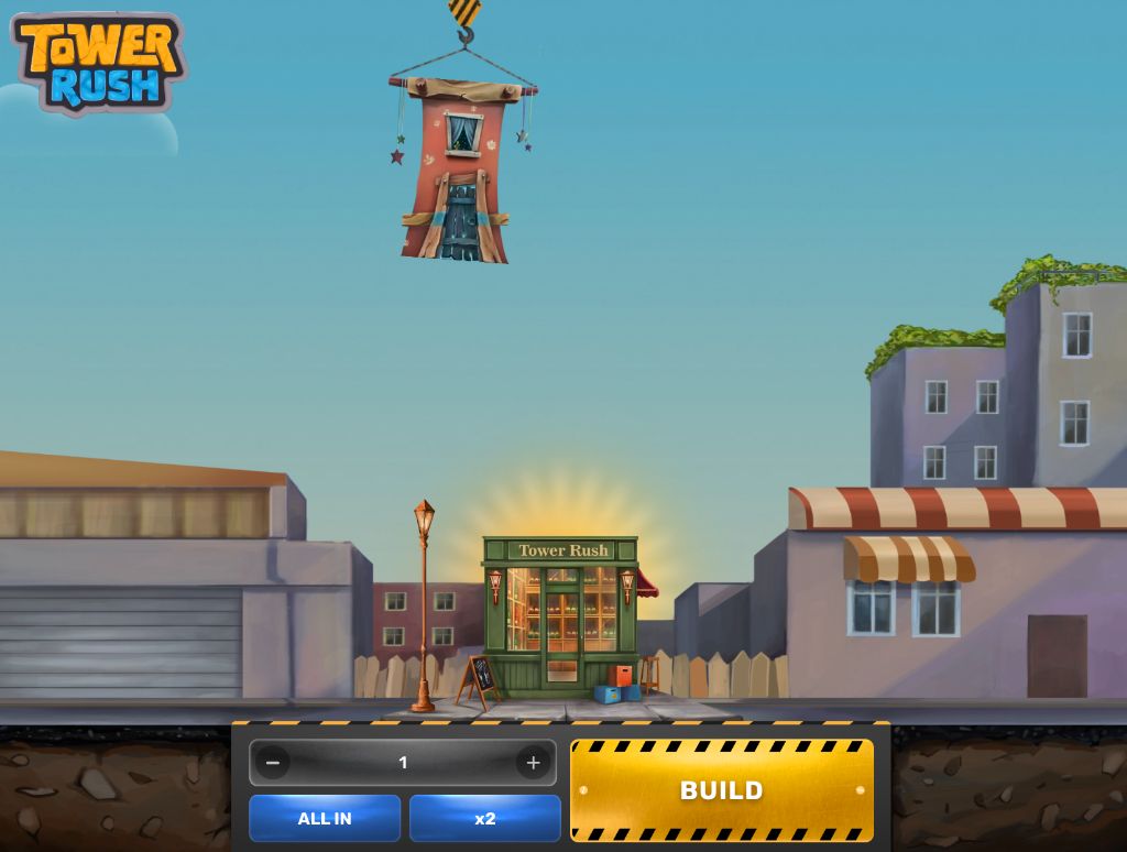 Стартовый экран Tower Rush: улица с магазином, кран с первым этажом и кнопка Build