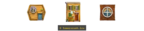 Три вида этажей Tower Rush: деревянный шестигранник, жёлтый дом и кирпичный блок — towersrush.icu