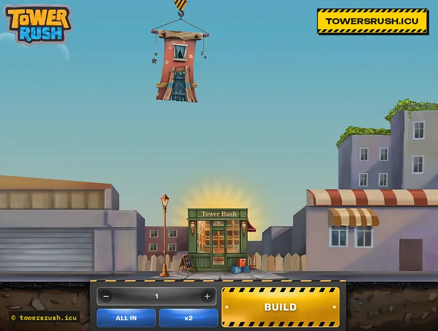 Стартовый экран Tower Rush: улица, кран с первым этажом и кнопка Build — скриншот towersrush.icu